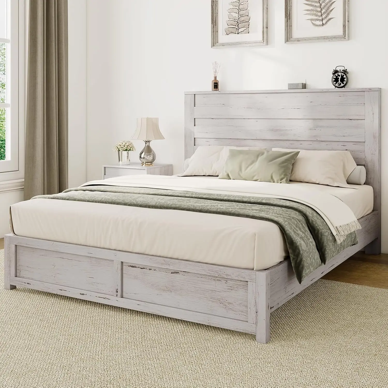 

Farmhouse Bed Frame with 49" Headboard, Platform Bed Frame with Wood Slats Support/No Box Spring Needed/Easy Assembly