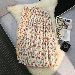 Seoulish Vintage Floral Skirts for Women 2024 New Summer Spring Pleated Patchwork High Elastic Waist Caual A-line Skirts Female