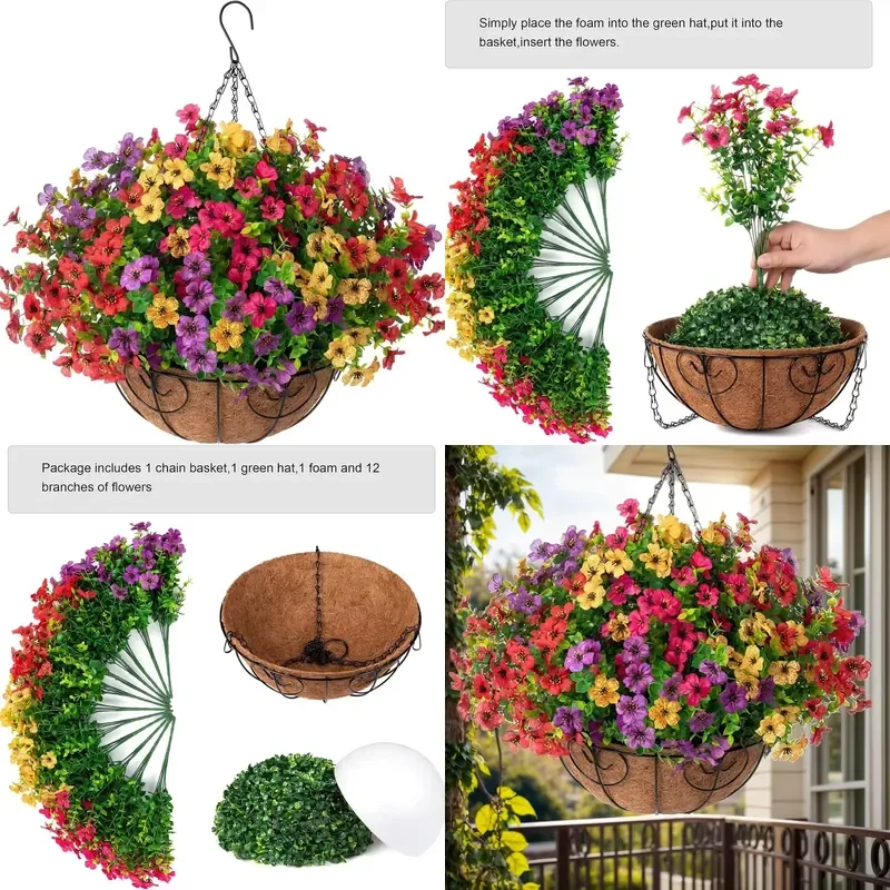 Handmade Plastic Violet Hanging Basket with Corrosion Resistant Coconut Liner Indoor Outdoor Decor for Balcony Room Wedding
