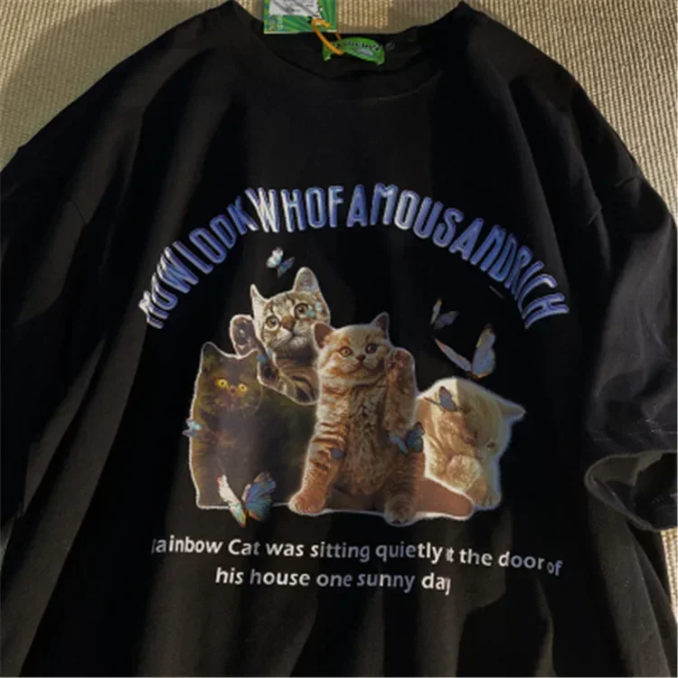 

Gothic Women T-shirts Hip Hop Kitten Print Streetwear Oversized T Shirt Short Sleeve Harajuku Tops Y2k Clothes Feminist Shirt