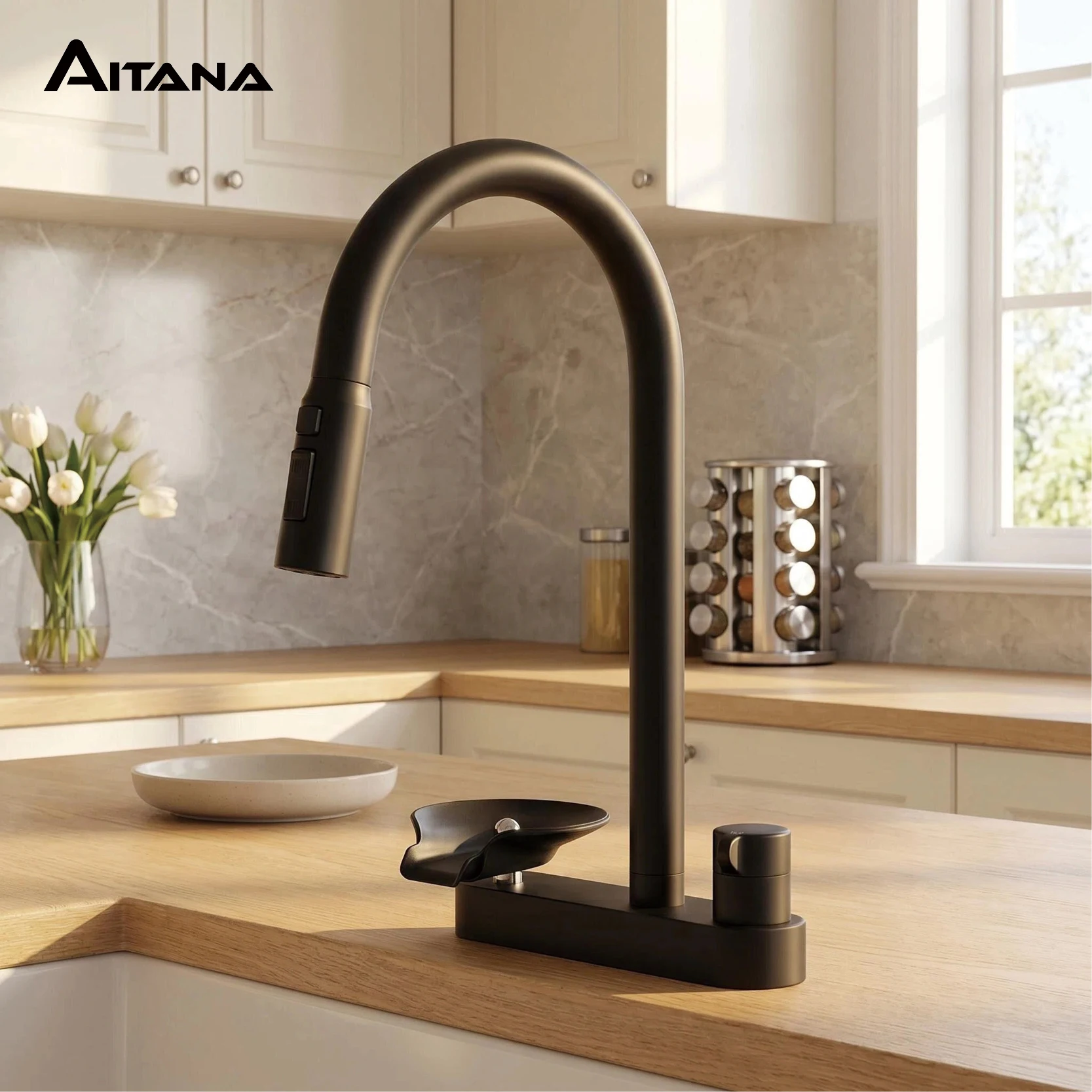 Modern Matte Black Pull Out Kitchen Faucet 1 Hole Single Hand Control Hot Cold Water Tap Built-in Cup Washer Function Sink Mixer