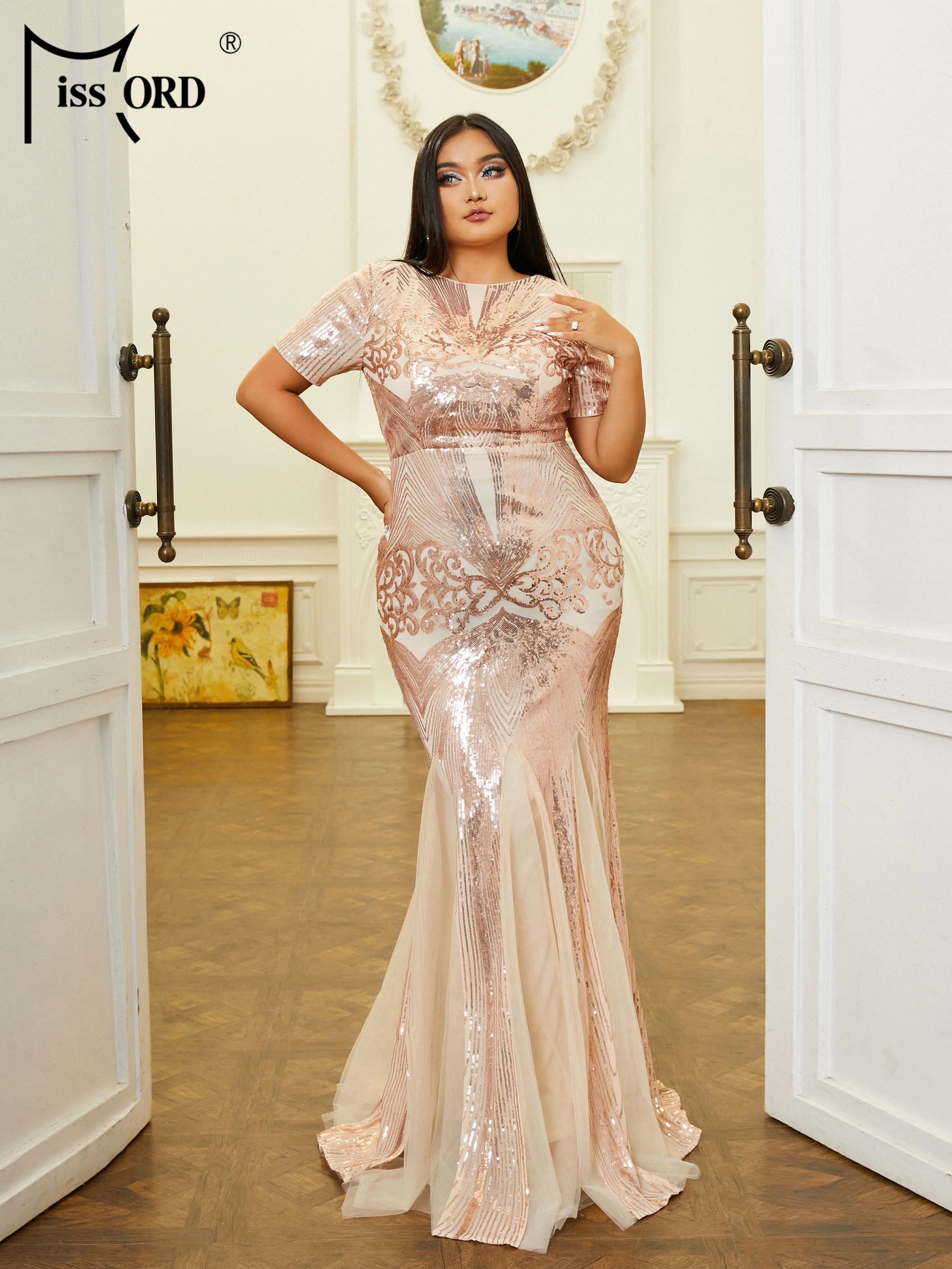 Missord New Plus Size Women Clothing 4XL Round Neck Short Sleeve Sequin Mermaid Evening Cocktail Prom Dress