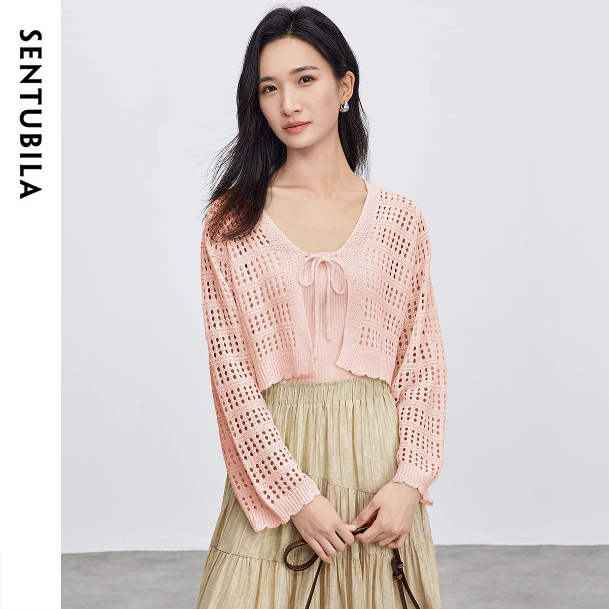 

SENTUBILA Hollow-Out Women's Cardigan 2025 Summer Elegant Lace-Up V Neck Long Sleeve Knitwear Female Loose Cropped Top W52H80223