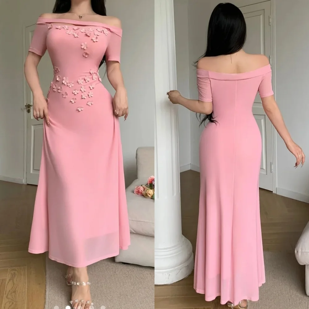 

Customized Classic Exquisite Jersey Flower Pleat A-line Off-the-shoulder Midi Dresses Bespoke Occasion Pastrol