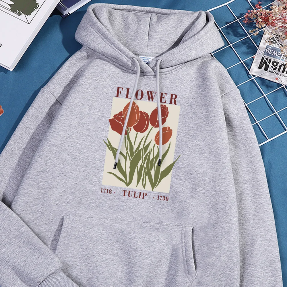 Tulip Flowers Print Hoodie Men Loose Fleece Hoodies Fashion Minimalism Style Sweatshirt Oversize Hoody Soft Comfort Clothing