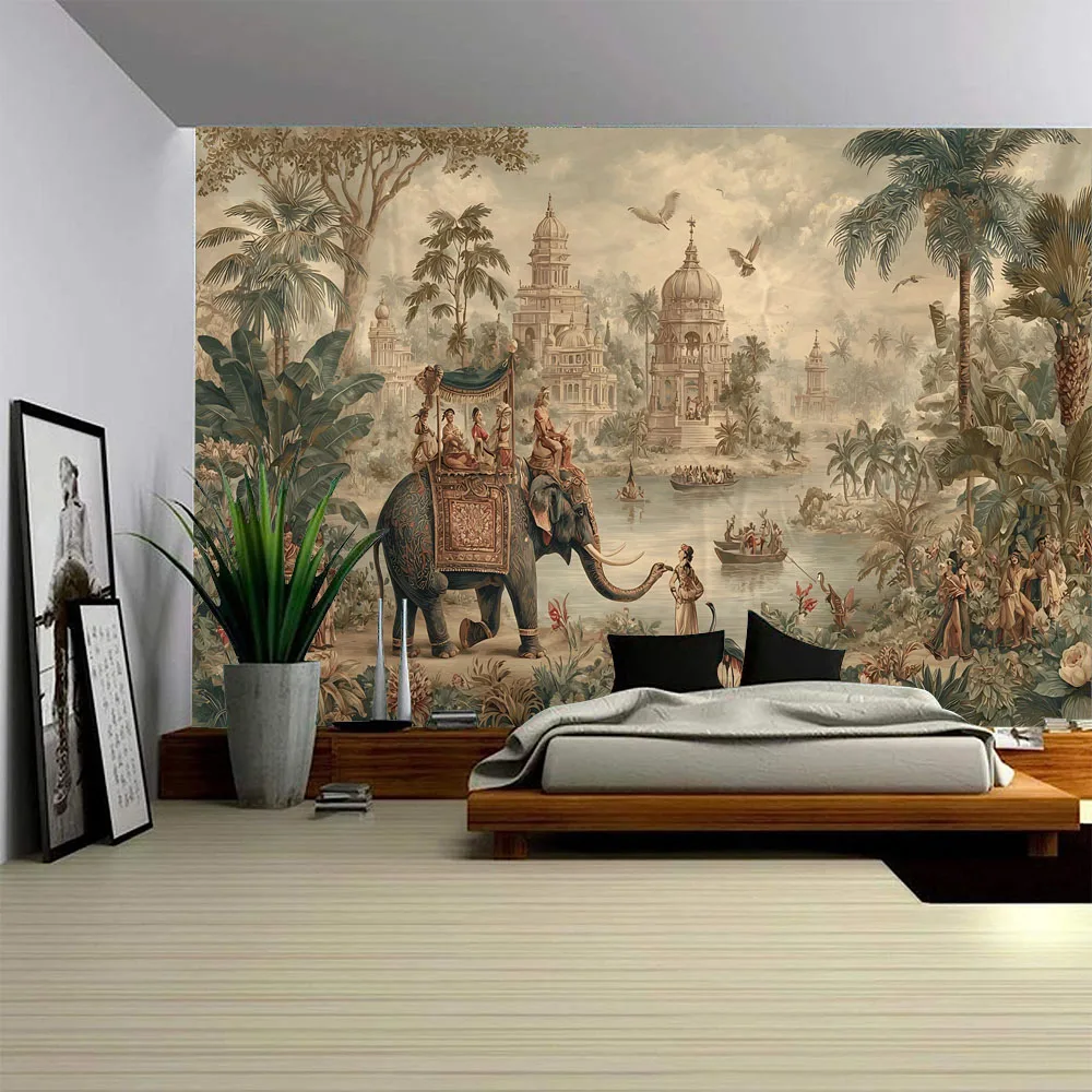 Vintage plant animal tapestry tropical landscape fabric decoration painting, home background poster, bedroom wall decoration