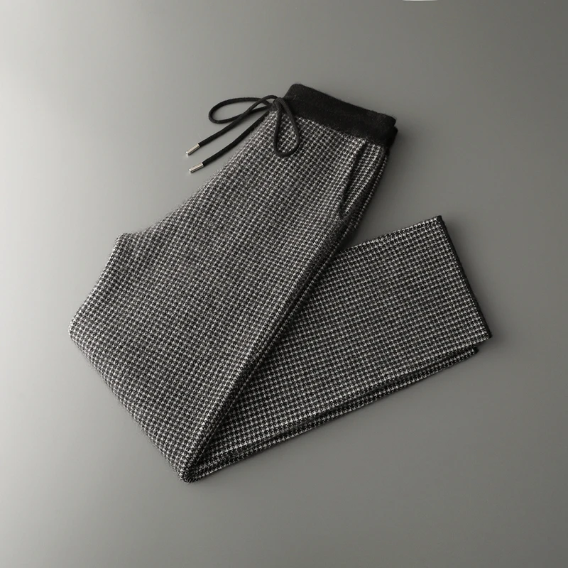 

Утолщенные брюки из 100% чистого кашемира с узором «гусиные лапки», мужские вязаные прямые брюки с высокой талией, универсальные широкие брюки