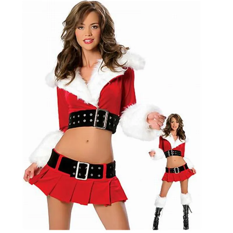 2Pcs Women Hot Santa Babe Costume Christmas Fancy Dress Suit Outfit Sexy Flannel Crop Top And Mini Skirt Christmas Clothing Set