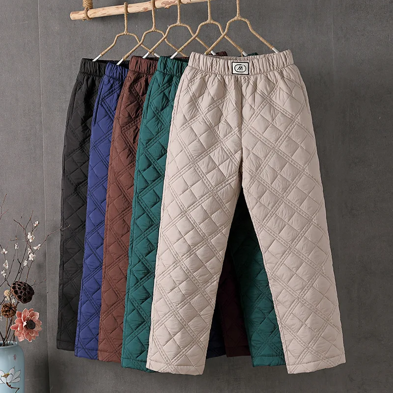 Women Winter Down Cotton Pants Large Size Thick Thermal Padded Quilted Casual Trousers Drawstring Elastic Waist Sweatpant M-3XL