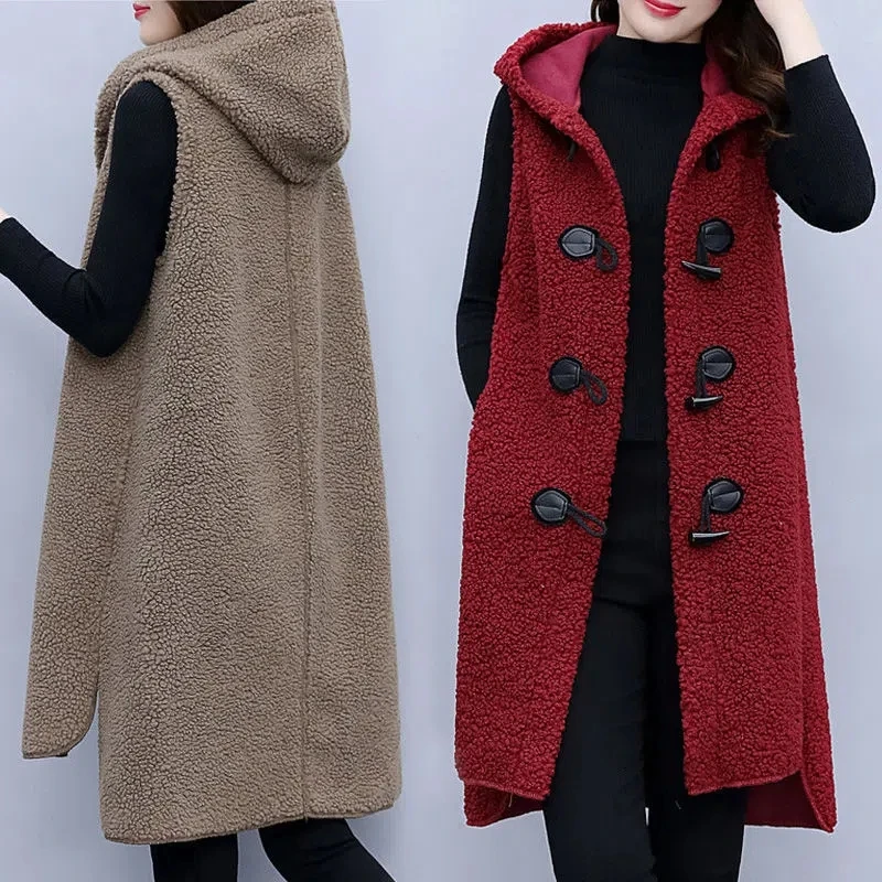 

Faux Lamb Velvet Vest Jacket Women Autumn Winter Casual Horn Buckle Hooded Gilet Coat Solid Color Loose Waistcoat Cardigan