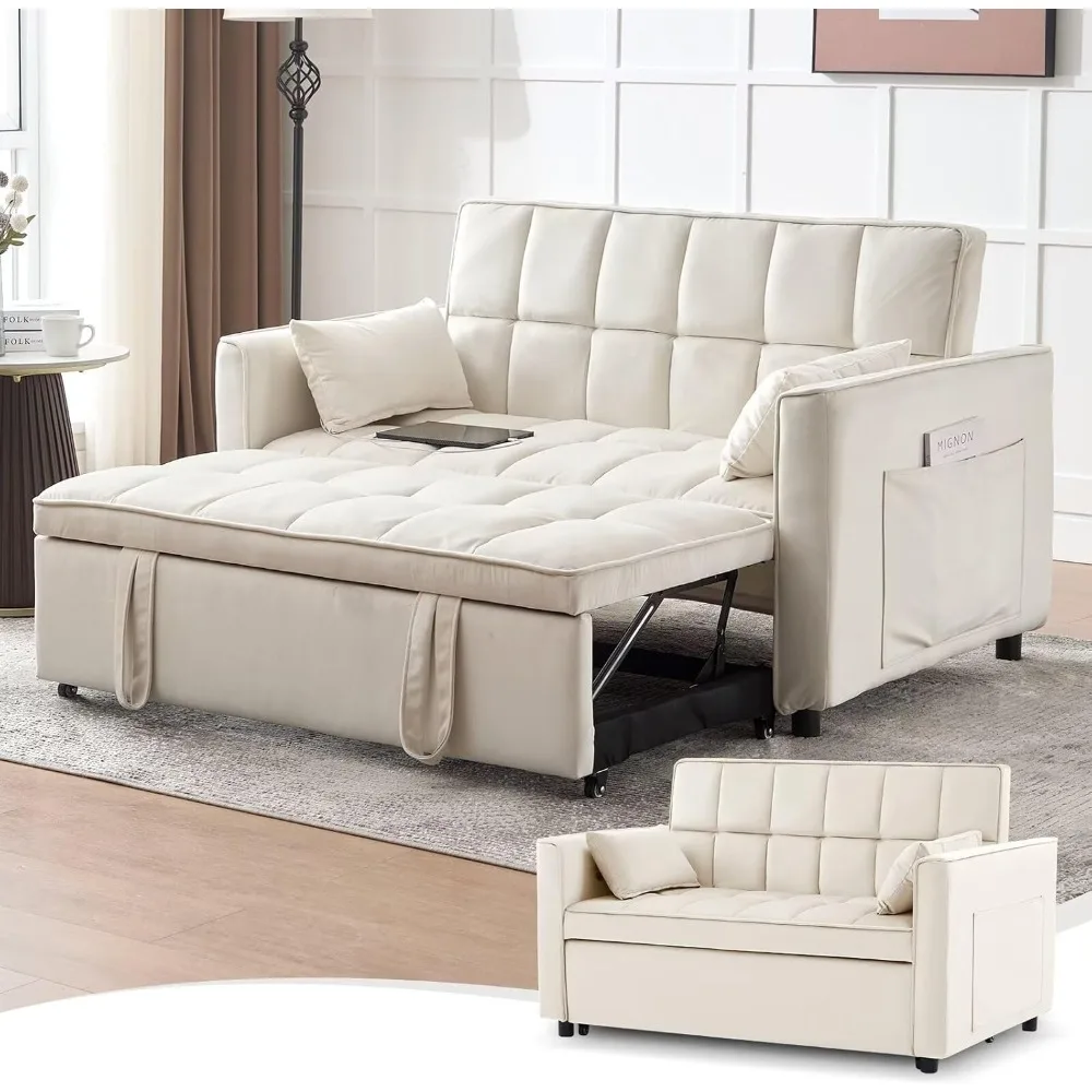

Modern 3 in 1 Convertible Sleeper Sofa Couch Bed with USB, Adjustable Backrest Velvet Pull Out Sofa Bed, Loveseat Sleeper Couch,