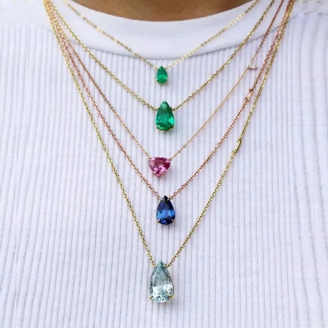 Big Geometric Tear Drop CZ Single Stone Necklace Bright Colorful Birthstone Simple Fashion Women Gold Color Jewelry