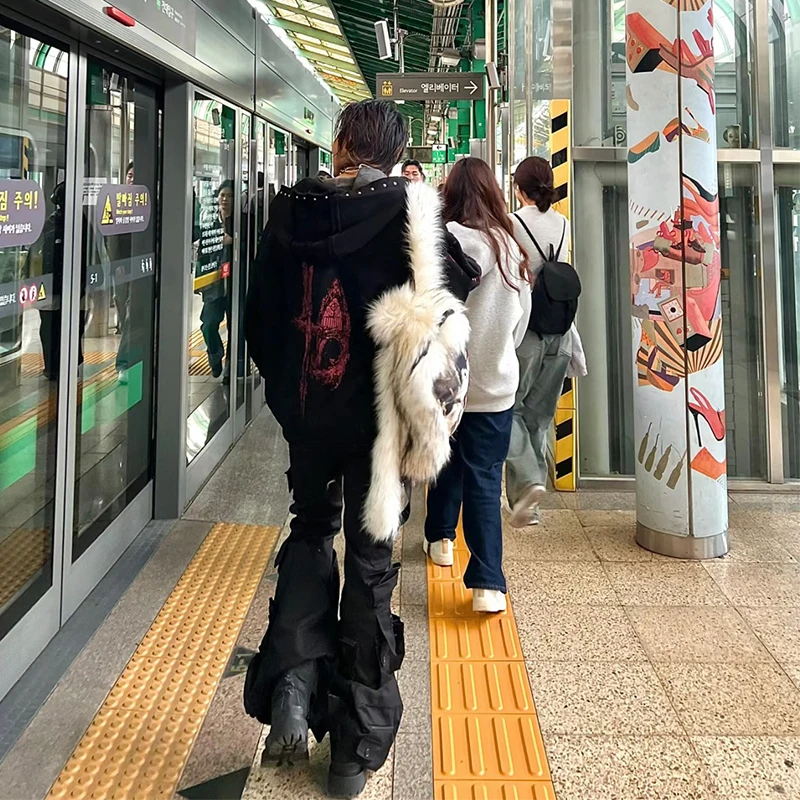 سترة Thug Club الجديدة ذات الوزن الثقيل المضلع بطباعة الشيطان الرصع المتعثرة كبيرة الحجم وأكمام طويلة وقلنسوة وسحاب #4