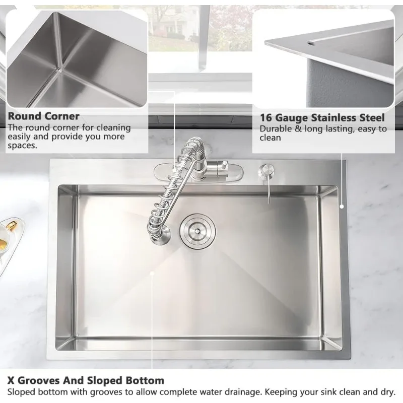 Drop In dapur wastafel, Stainless Steel 33 inci-VASOYO 33x22 Stainless Steel tunggal mangkuk Drop di atas wastafel dapur