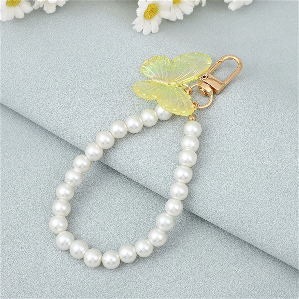 Pearl Beaded Chains Butterfly Pendant Keychain Cute Sweet Keyring For Women Girl Handmade Jewelry Handbag Decoration Accessories