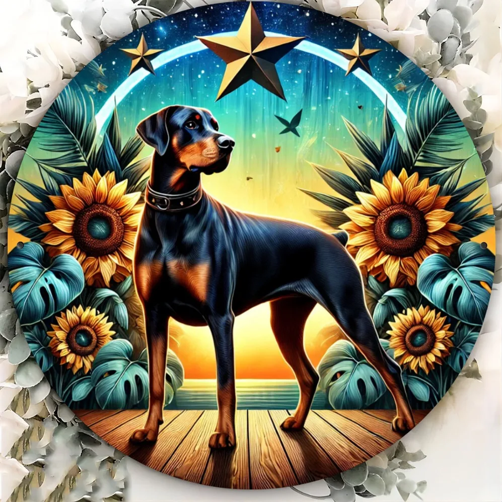 

1pc Vintage Sunflower&Doberman Metal Tin Sign - Rustic Iron Wall Art for Home, Pet Lovers,Country Style Dog & Nature Art Hanging
