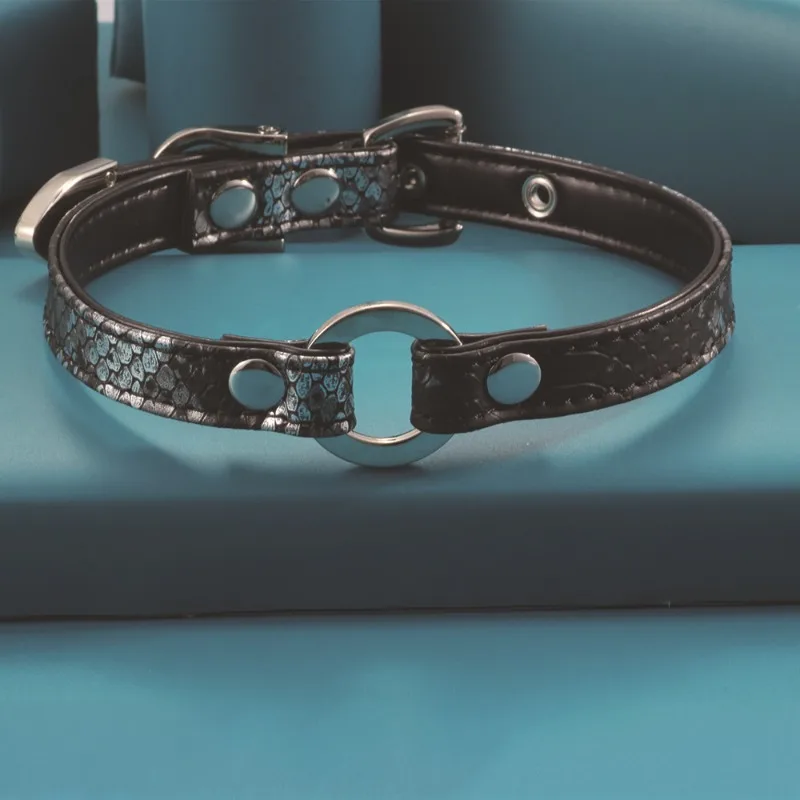 

A snake-patterned leather collar with a silver circular ring, a daily punk Harajuku style neck collar