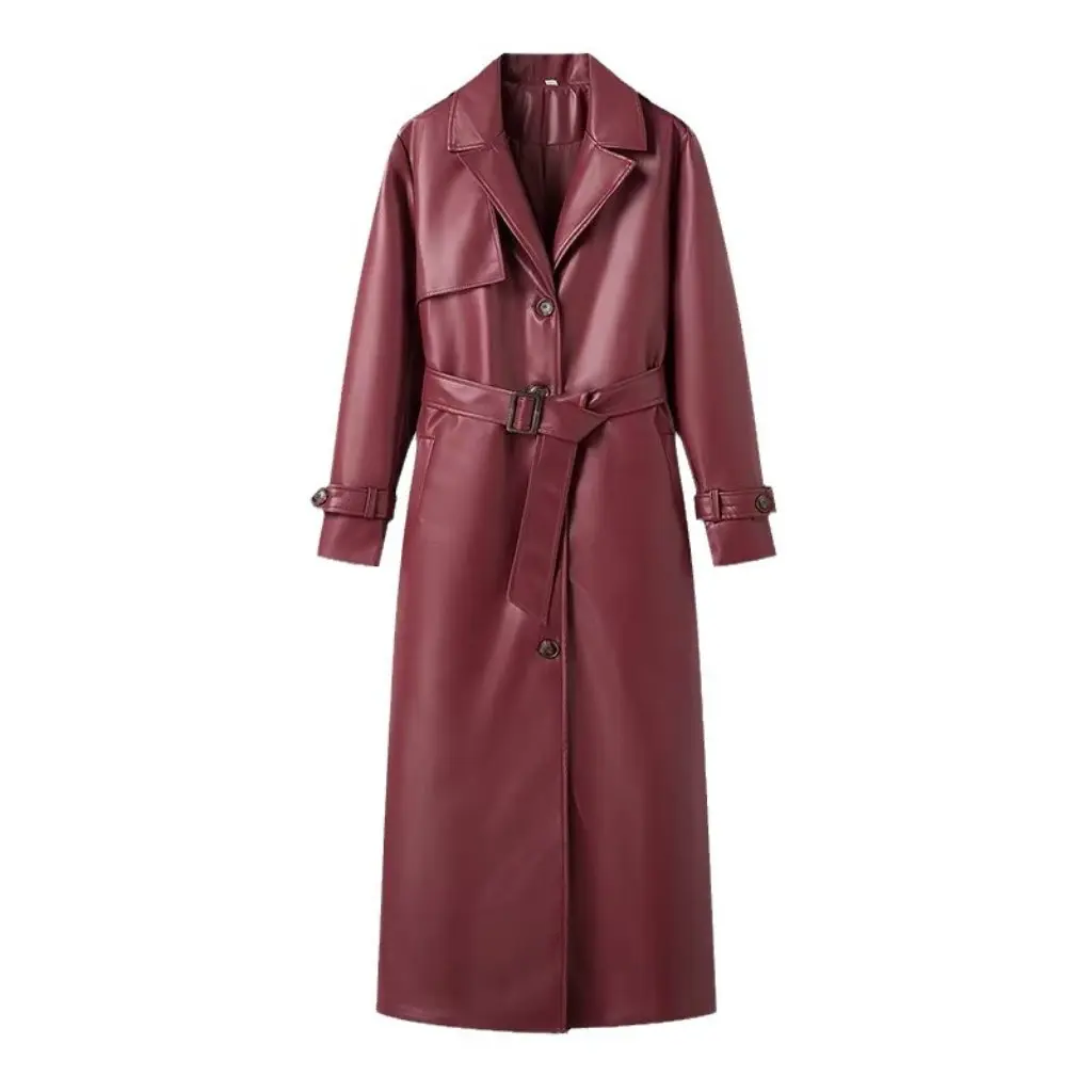 

Women's Extended Leather Coat Lace-Up Street Fashion Spring New 24 JJ European American Style