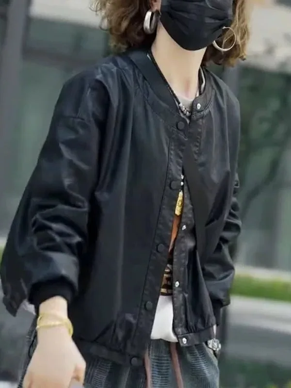 Bla PU Leather Biker Jaet Loose Fit Women's plus Size Autumn New Sle Korean Faion High-End Feelings Coat for Ladies