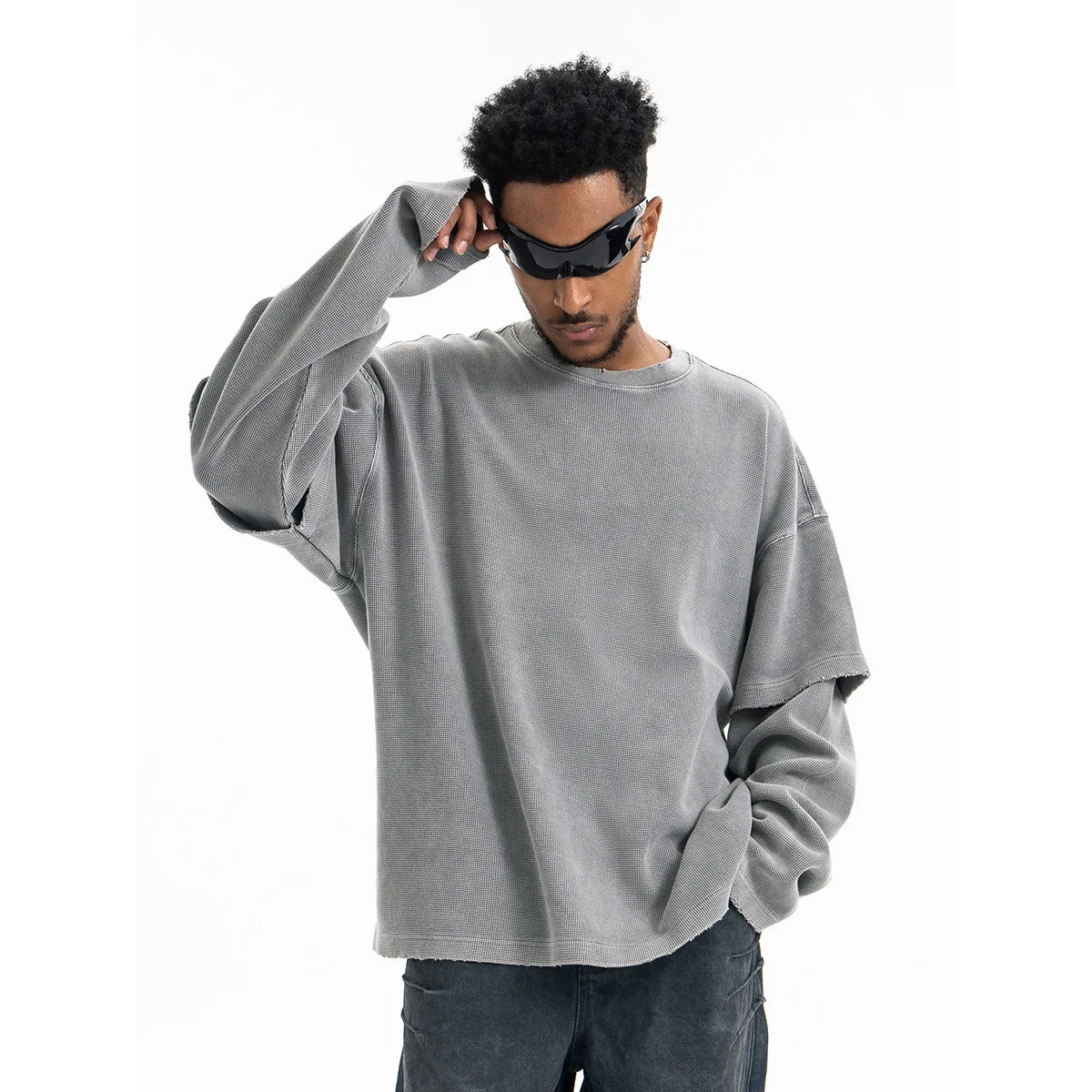 

New 2025 waffles fake two long sleeved T-shirts with round neck