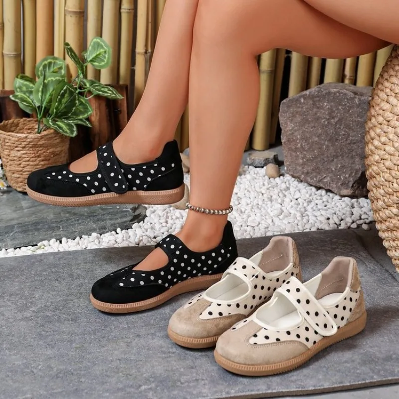 PU Women Sneakers 1 Pair, Polka Dot Mary Jane Shoes,  Hook and Loop Rubber Platform Sole Casual Walking Trainers