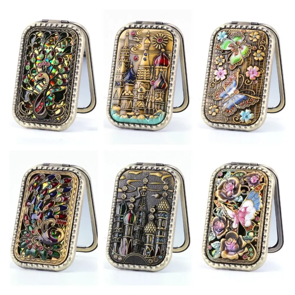 Vanity Mirror Vintage Makeup Mirror Square Retro Compact Pocket Mirror Rhinestone Castle Cosmetic Folding Mirror Beauty