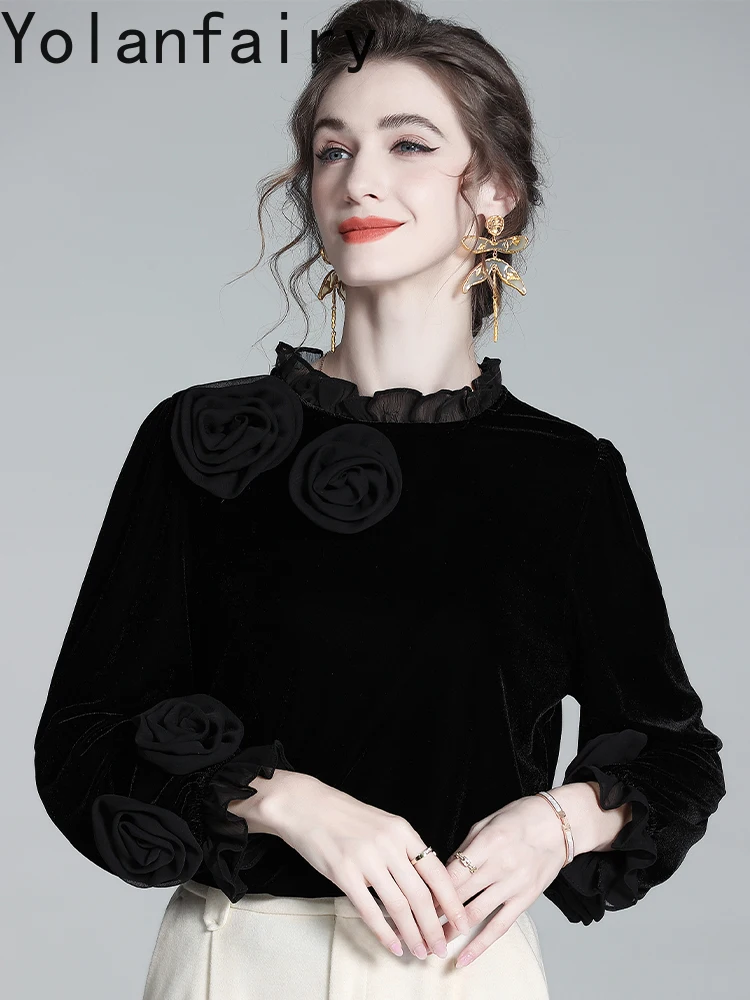 YOLANFAIRY Luxury Blouses for Women Autumn 2025 Three-dimensional Flower Elegant Ladies Blouses Tops Korean Fashion Blouse Femme