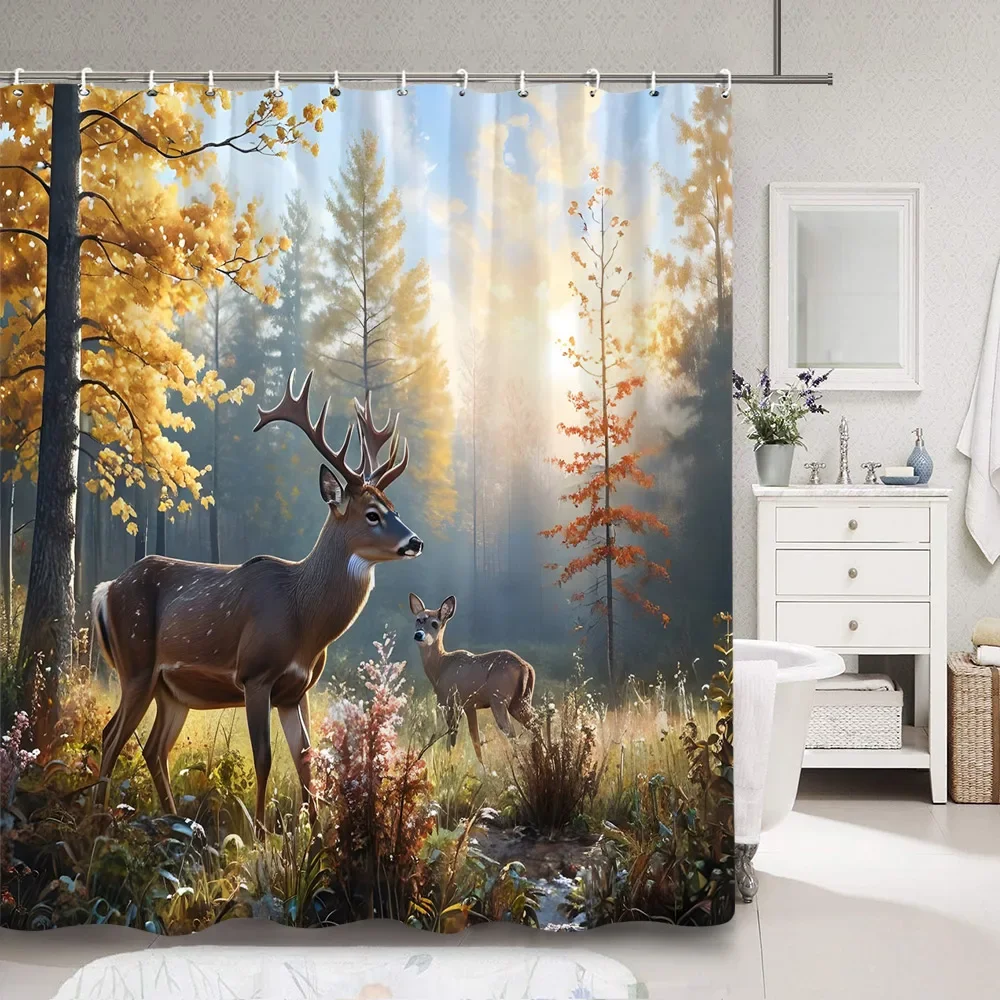 Deer Shower Curtain Deep Forest Autumn Nature Landscape Animal Thanksgiving Polyester Shower Curtains Bathroom Decor with Hooks