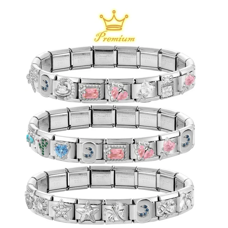 Wholesale Women Fashion Inlay Daisy Zircon Moon Star Tulip Italian Charm Fit 9mm Stainless Steel Bracelet DropShip Gifts Jewelry