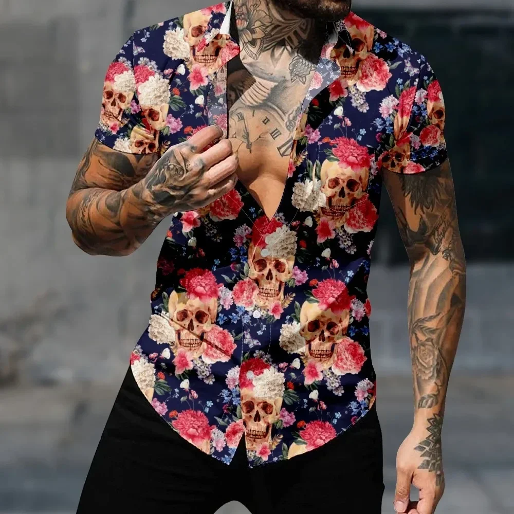 

Casual Halloween Skull Shirt Men Short Sleeve Shirt Fashion Harajuku Rose Hiphop Y2k Tops Gothic Streetwear Cozy Men Clothing