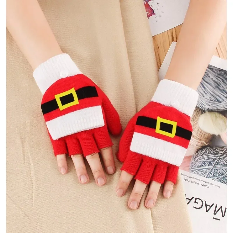 Cute Christmas Convertible Flip Gloves, Warm Knitted Half Finger Mittens For Holiday Party Cosplay And Gifts
