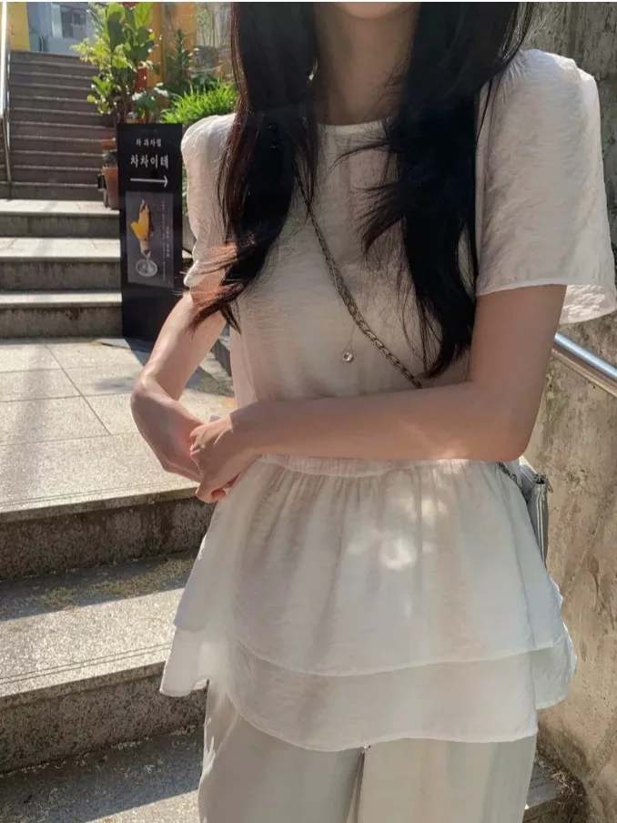 Chic Pleated Bubble Sleeve round Neck Doll Top Women's Summer Shirt Waist Cinching Double Layer Ruffle Hem Korean Style Loose...