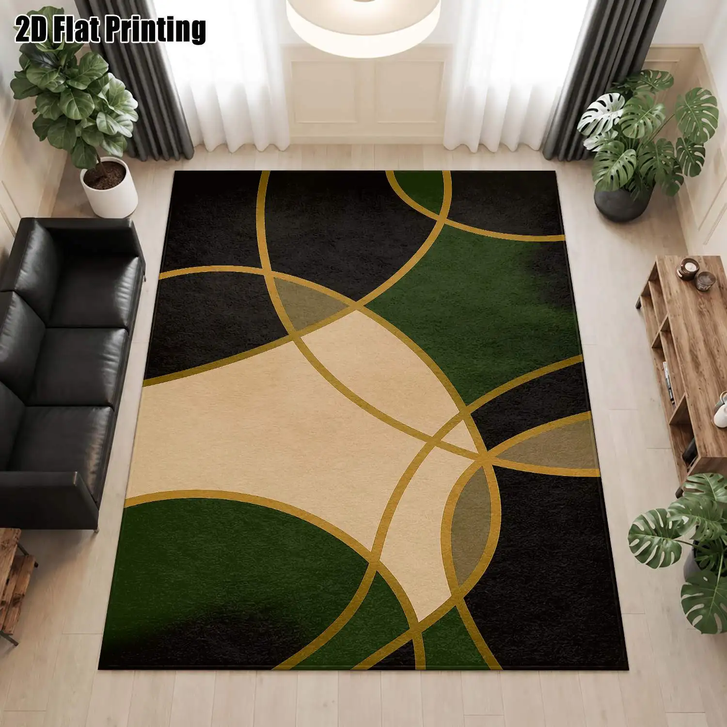 1Pc 2D Printed Nordic/Instagram-Style Abstract Geometric Black-Green-Beige Carpet, Modern Minimalist Vintage European Style, Machine Washable, Multi-Size, Suitable for Home Decor: Entryway, Dining Room, Foyer, Living Room, Bedroom, Study Floor Mat