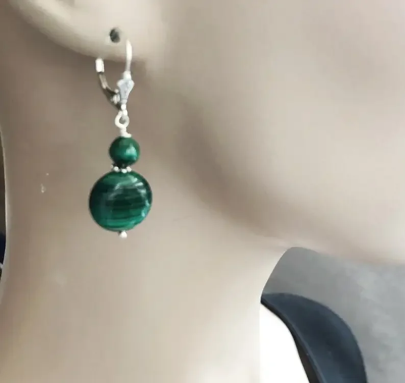 Malachite earrings, greenstone lever back coin earrings, real malachite beaded Bohemian jewelry, handmade jewelry