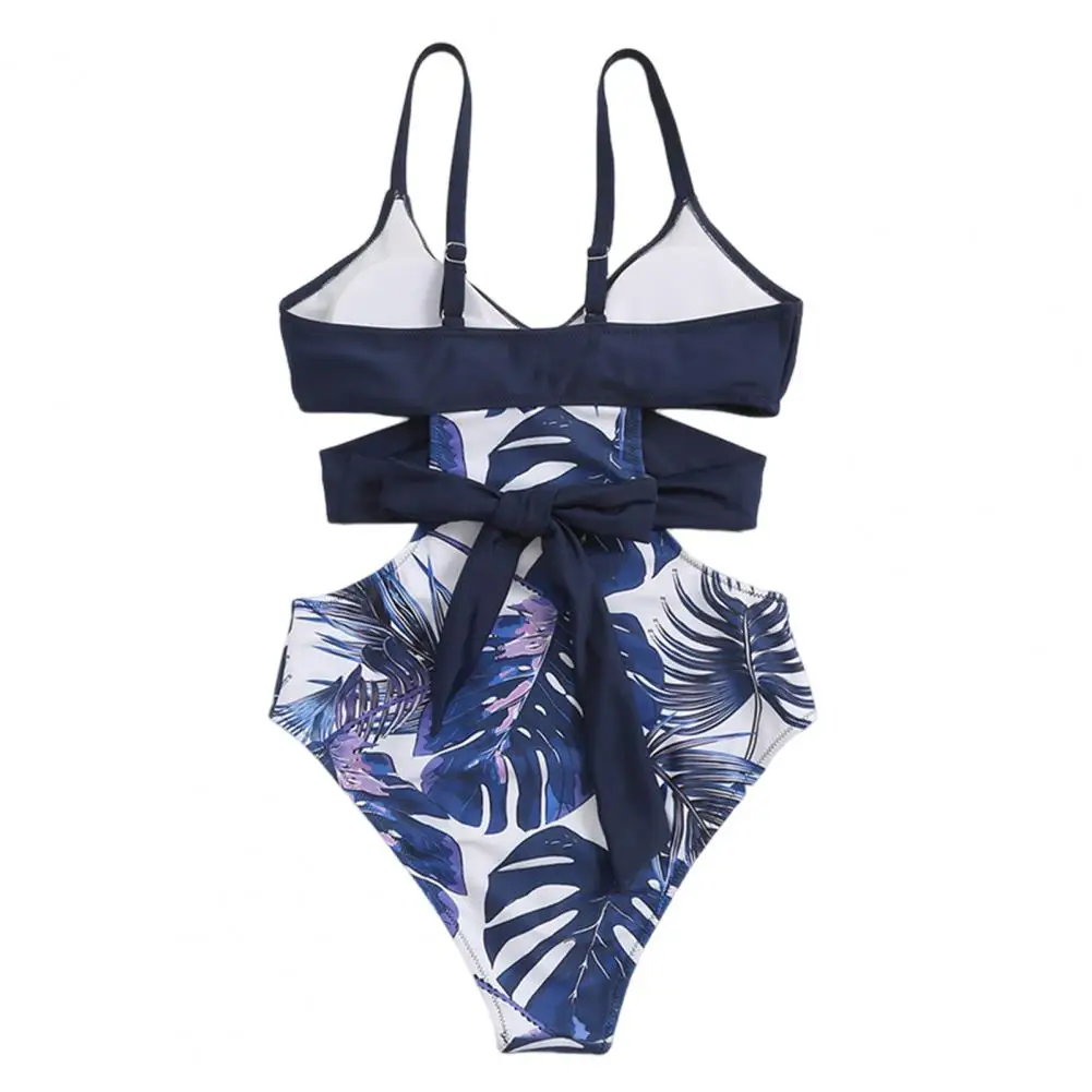 Women Leaf Print V-neck Monokini for Backless One-piece Swimsuit with Slim Swimwear