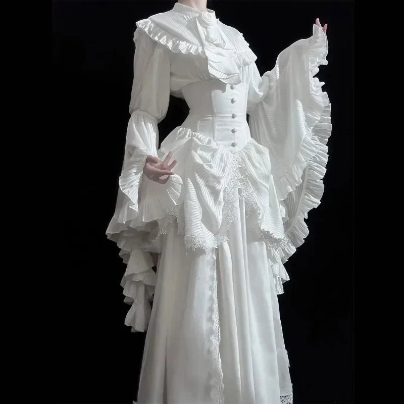 

2025 New Gothic Long Flying Sleeve Vintage Lace Light Lolita Retro Solid Black White Ball Gown Dress Blouse and Skirt Sets yy:89