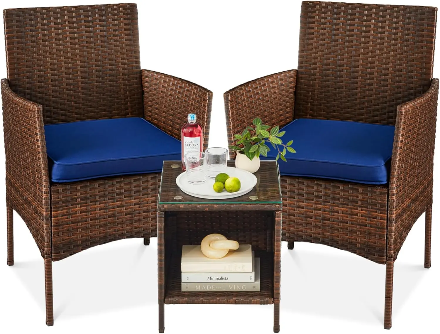 

3-Piece Outdoor Wicker Conversation Bistro Set, Space Saving Patio Furniture for Garden w/Side Table - Brown/Navy