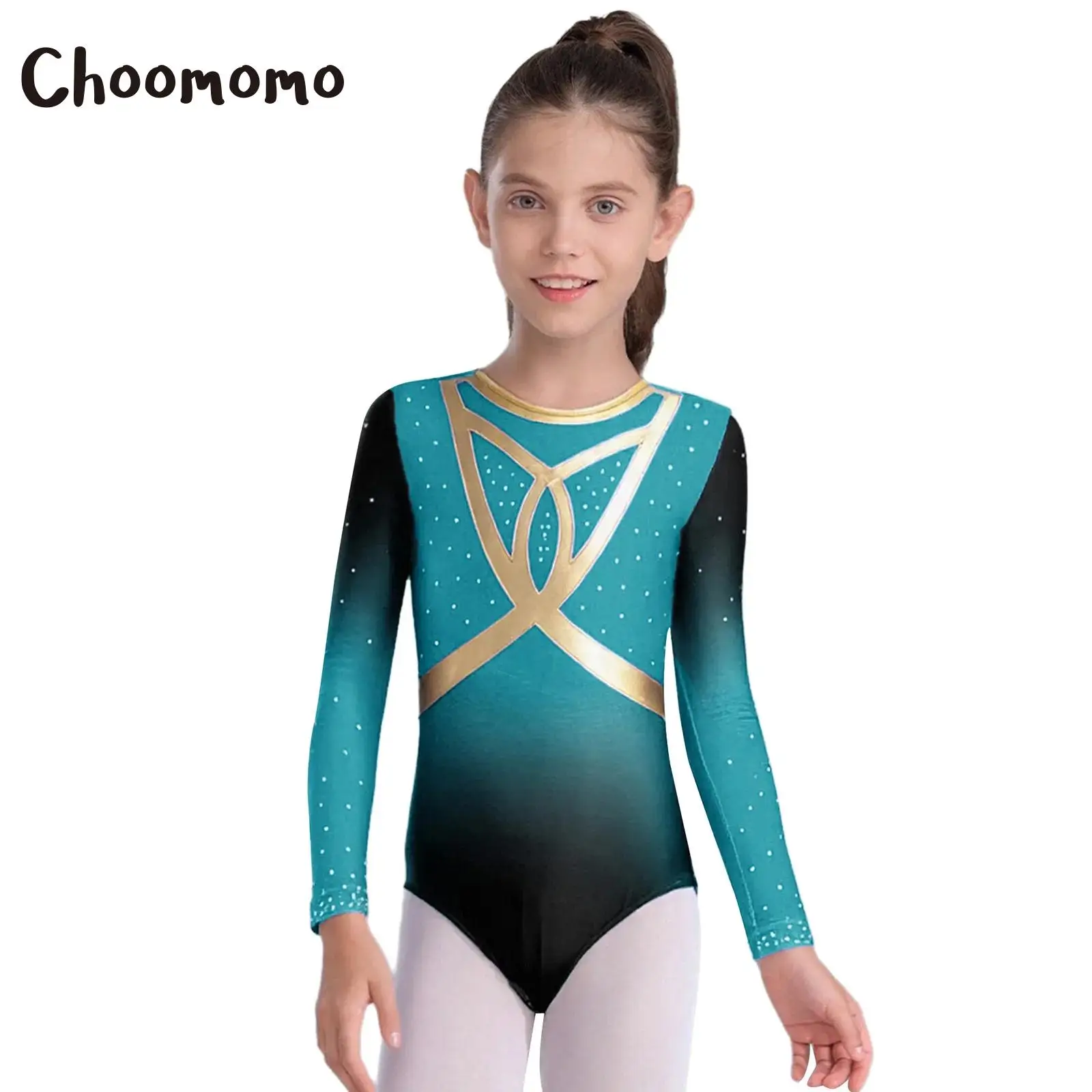 

Kids Girls Gymnastics Ballet Leotard Figure Skating Round Neck Long Sleeve Shiny Rhinestones Performance Bodysuit