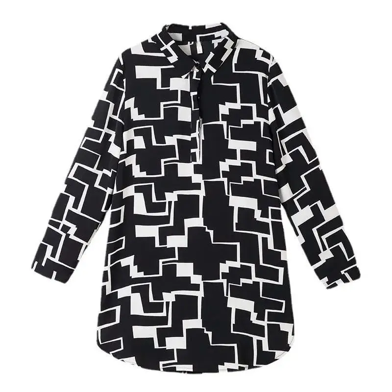 Spring Summer Long Blouses Printing Lattice Graphic Turn-down Collar Chiffon Women's Clothing 2022 Loose Pullovers Popularity