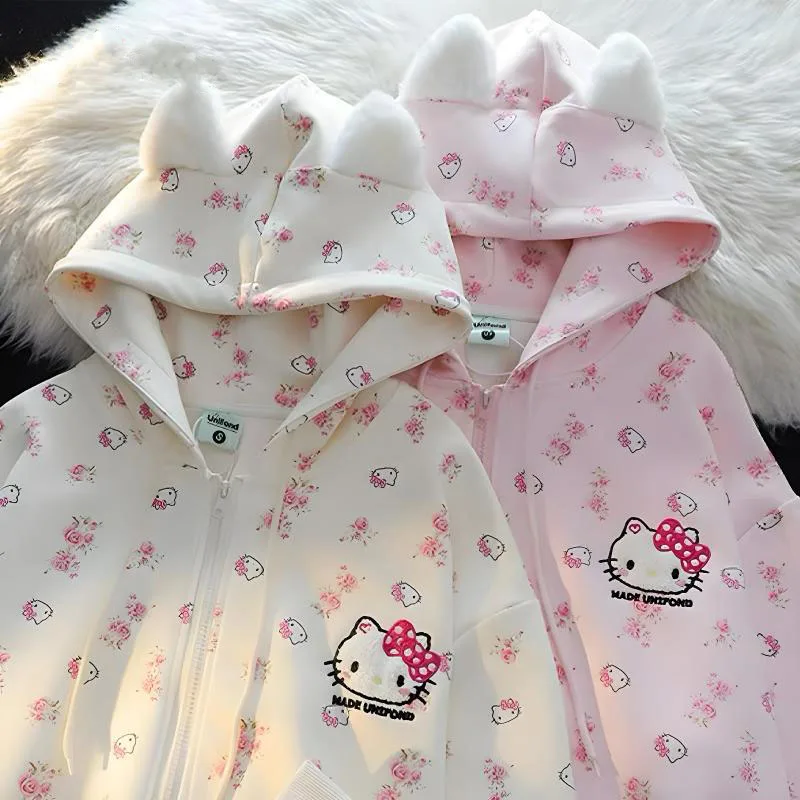 

Hello Kitty Keep Warm Hoodie Pur Cotton Loose Cardigan Hooded Women's Hooded Zipper Sweatshirt Clothes Sweater Jacket Female