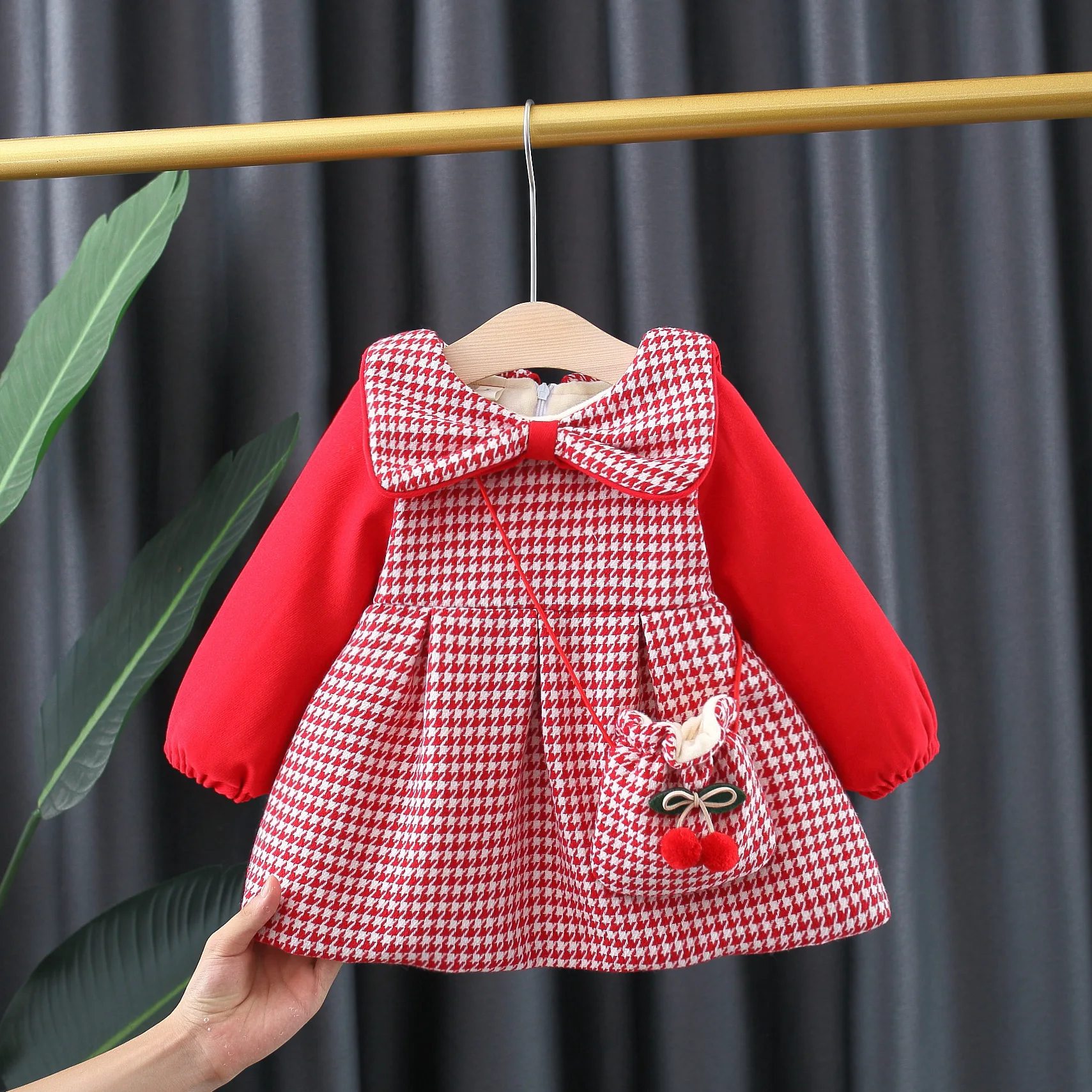 

Girls Dress Fashion Plaid Bow Dress Girls Round Neck Children's Party Dress Thickening Crawling Houndstooth Dresses 1-3 Years Ol