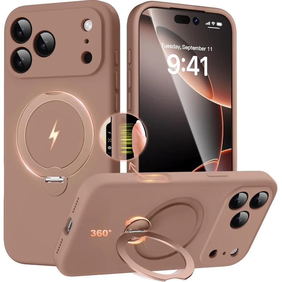 Custodia con supporto magnetico marrone 360 Spin per iPhone 17 Pro Max 6,9'' con protezione completa della fotocamera e design in silicone liquido antiurto