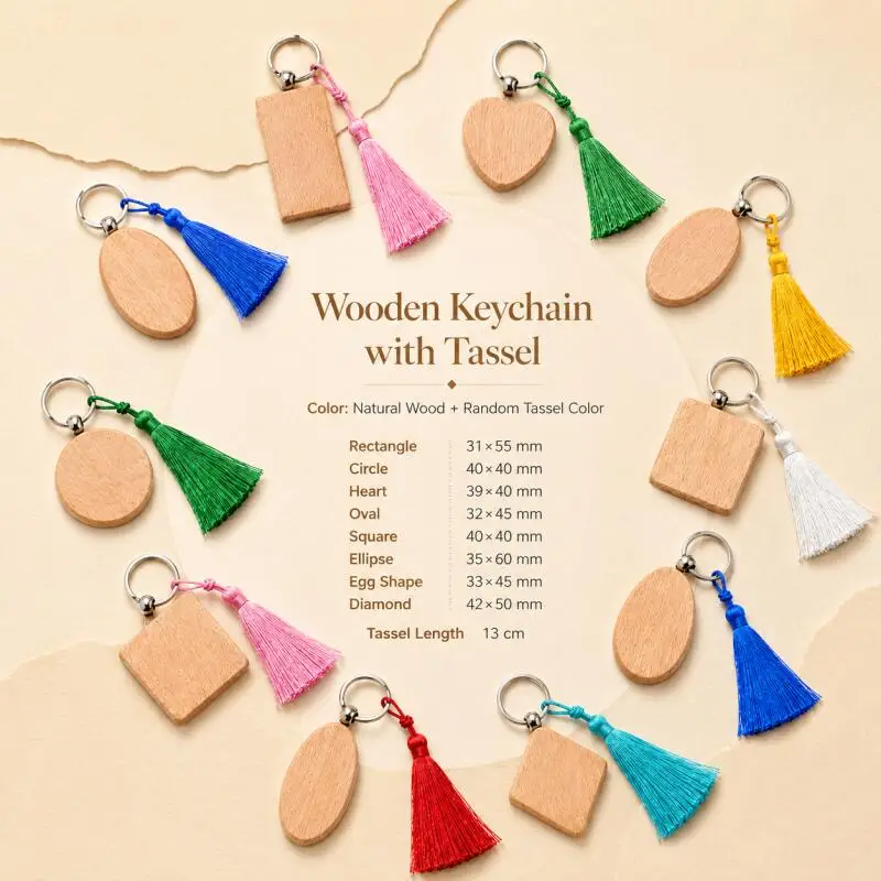 5/10pcs Blank wooden keychain, keyring tag, wooden keyring, DIY handmade keyring Comes with tassel