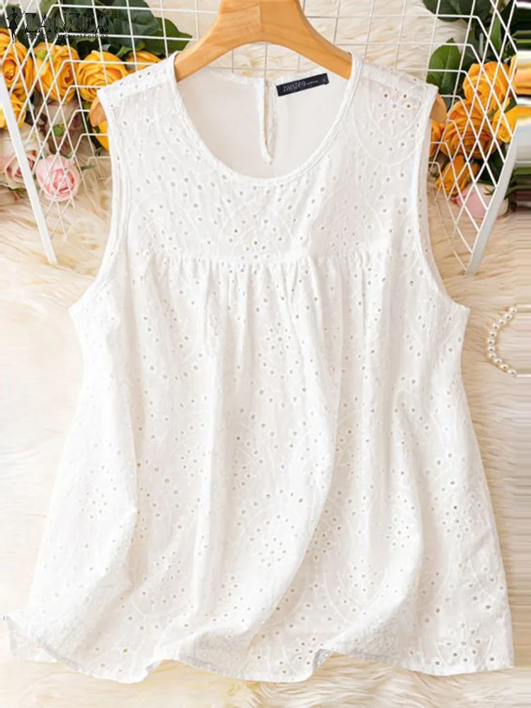 ZANZEA Women Summer Tank Tops 2024 Korean Sleeveless Lace Patchwork Camis Fashion Hollow Out Vest Casual Loose Cotton Solid Tank