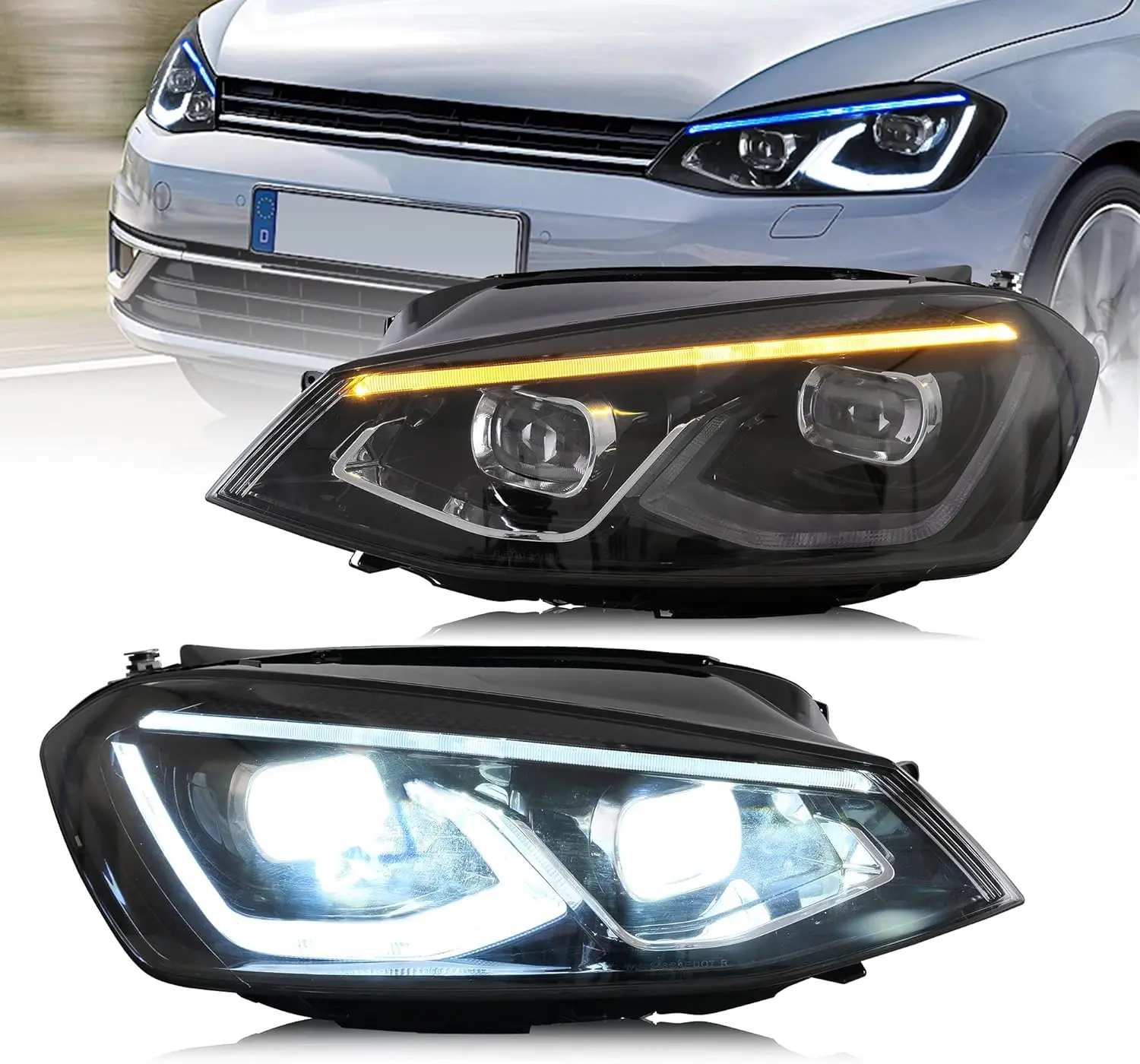 Led Headlights Compatible with Golf7 MK7 2014-2019 (Not Fit TDI, GTI& Golf R) w/Dynamic Animation, Full LED Front Lamp Ass