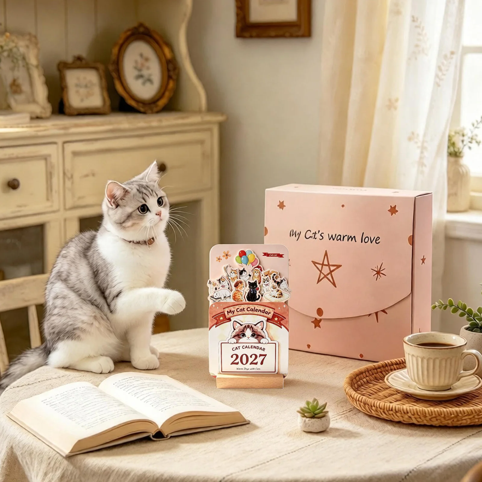 2027 Standing Cat Desk Calendar 14 Pages 250gsm Cardstock Wooden Base Cream Pink Cat Illustration for Office Desk Decor Gifts