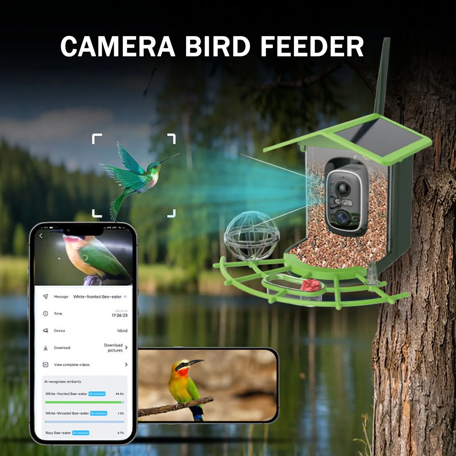 

Outdoor Bird Feeder With Camera HD Video Recognizes Species Solar Powered Waterproof Automatic Capture Live View &Notifications