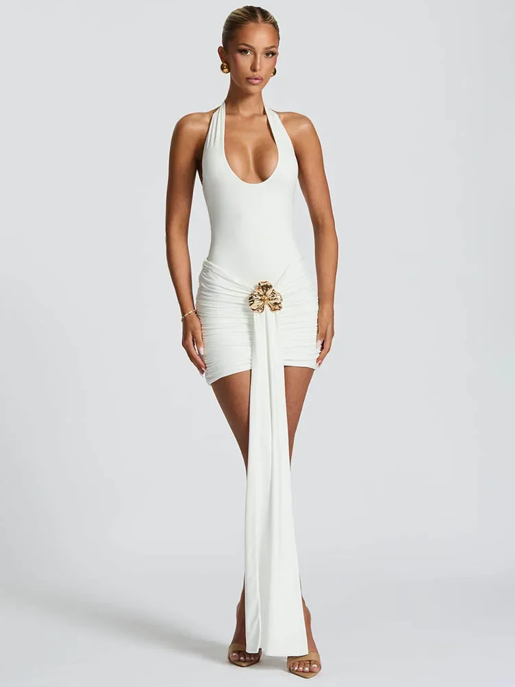 XIAOTANG Fiore di Metallo Drappeggiato Increspato Mini Vestito Sexy Delle Donne Veste di Modo Halter Backless Senza Maniche Aderente Club Vestito Da Partito Nuovo