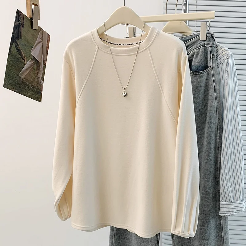 

Утепленный теплый пуловер с круглым вырезом, однотонная футболка в корейском стиле, осенне-зимняя новинка, женская модная одежда для города и повседневной носки