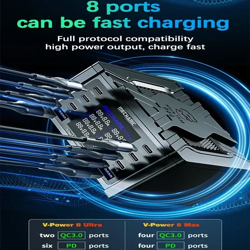 Mechanic V-Power 8 Ultra/Max 8 Ports Quick Charger Digital Display High Power Fast Changing Source for Mobile Phone Pad Watches